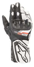 Alpinestars Women Stella SP-8 V3 Gloves, Motorcycle Racing Gloves, Black and White, featuring molded hard knuckle protection, perforated leather panels for breathability, extended gauntlet cuff with large star logo, and red SP-8 graphic