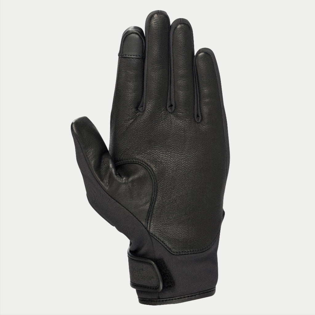 Alpinestars Damen Stella C1 Windstopper V2 Handschuhe, Schwarz, Handflächenansicht mit Verstärkungen aus vollnarbigem Leder und touchscreen-kompatibler Zeigefingerspitze, Klettverschluss an der Manschette, schlankes urbanes Design