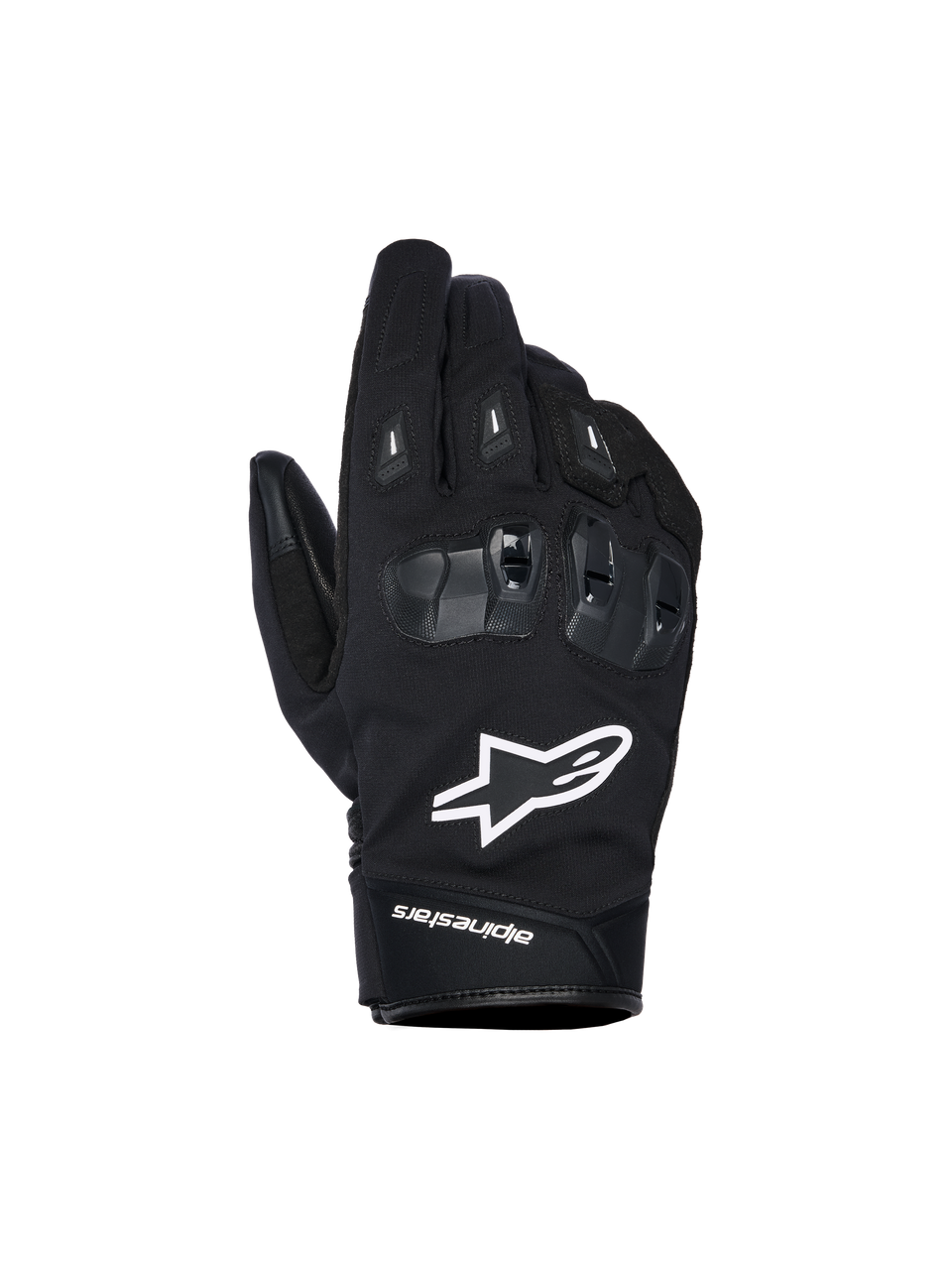 Alpinestars SP X Z wasserdichte Handschuhe, schwarze Motorradhandschuhe mit weißem Stern-Logo, strukturierter SP X TPU-Knöchelschutz mit glänzend schwarzen Segmenten, schlankes Street-Design mit verstärkten Nähten, wasserdichte Konstruktion für Fahrten bei jedem Wetter