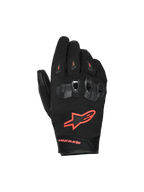 Alpinestars SP X Z Waterproof Gloves, Motorcycle Gloves, Black and Red Fluo, featuring divided TPU knuckle protectors with ventilation, bright red fluo logo on the back of the hand, and durable textile and leather construction for all-weather performance.