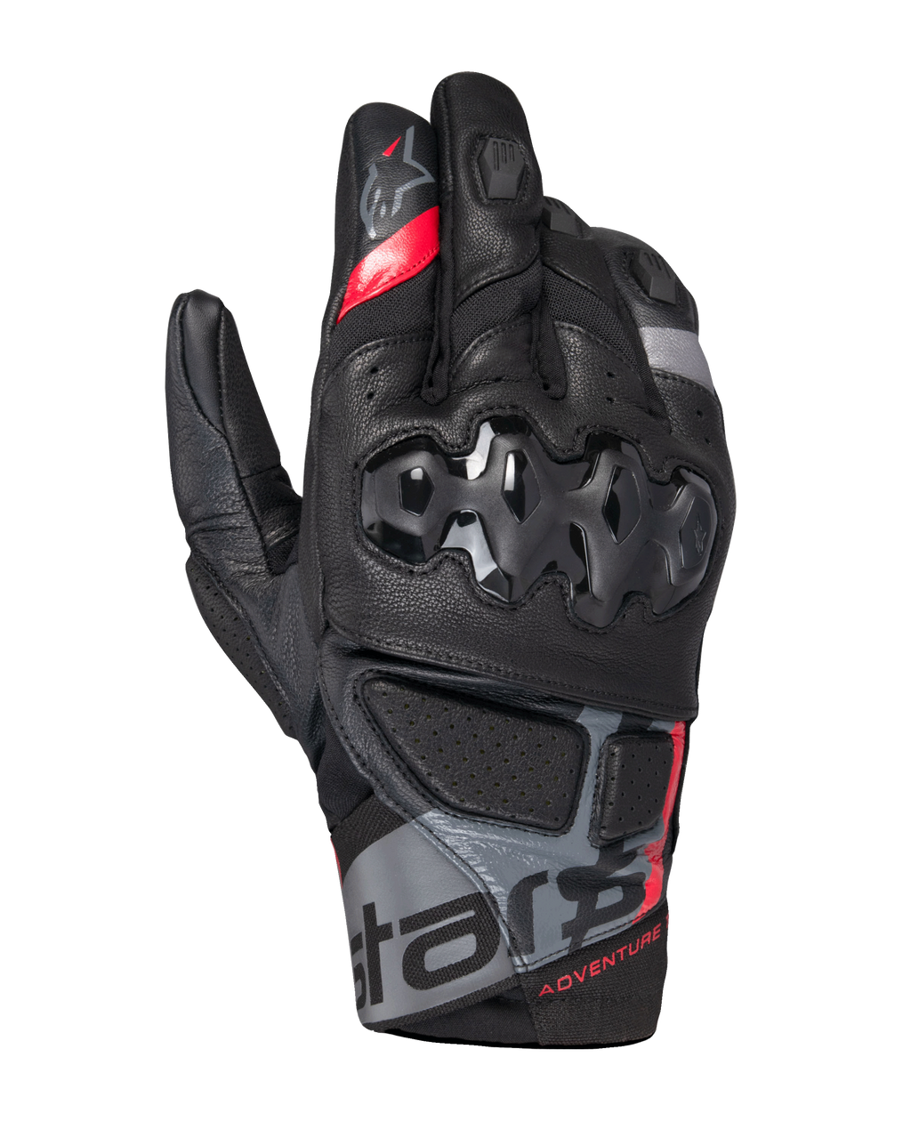 Alpinestars Belize V3 Drystar Gloves, short-cuff adventure motorcycle gloves, black with red and gray accents, featuring hard knuckle protection with a hexagonal pattern, perforated leather panels, and "ADVENTURE" branding on the wrist.