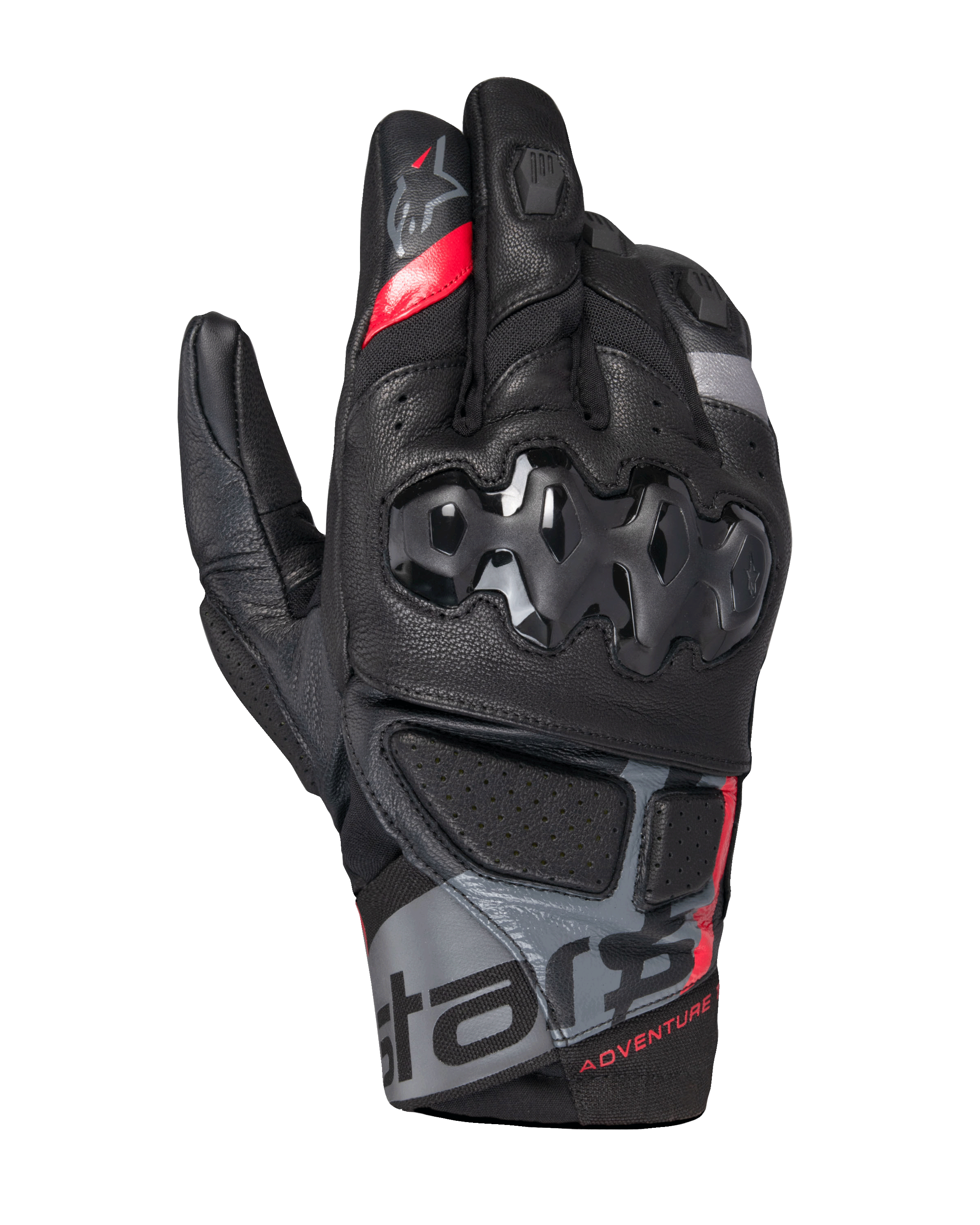 Alpinestars Belize V3 Drystar Gloves, short-cuff adventure motorcycle gloves, black with red and gray accents, featuring hard knuckle protection with a hexagonal pattern, perforated leather panels, and "ADVENTURE" branding on the wrist.