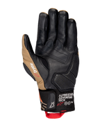 Alpinestars Belize V3 Drystar® Gloves, palm view of a short-cuff motorcycle glove in Black and Gobi Brown, leather construction with reinforced palm, perforated detailing, and red pull tab.