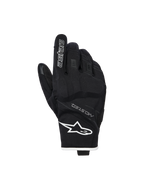 Alpinestars Moblast Waterproof Gloves, Motorcycle Gloves, Black and White, backhand view showing white star logo on the wrist and 'astars' branding on the index finger, featuring MO.ST.EQ. text and textured stretch material with reinforced knuckles, short-cuff design.