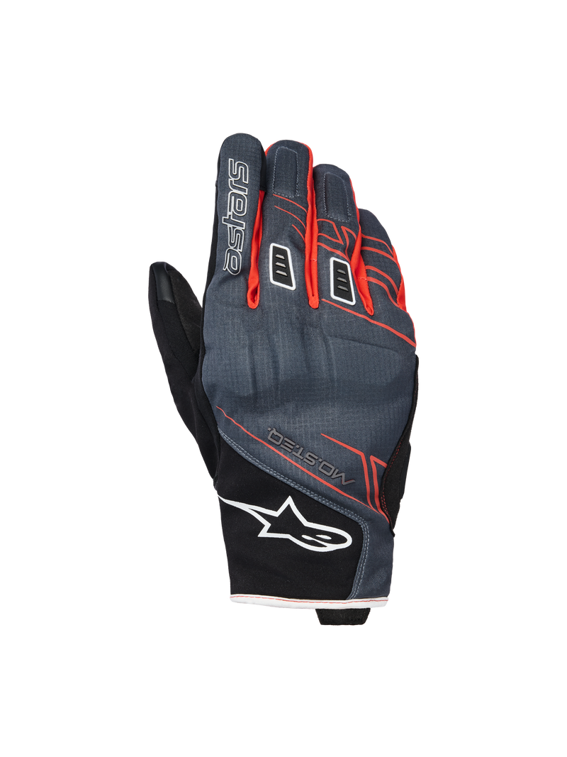 Alpinestars Moblast wasserdichte Handschuhe, Motorradhandschuhe, Anthrazit und Schwarz mit orangen Akzenten, Kurzstulpendesign mit rot-orangen linearen Grafiken, weißes Alpinestars Stern-Logo auf der Stulpe und „astars“-Branding auf dem Finger, technischer Textil-Handrücken für Allwetterschutz