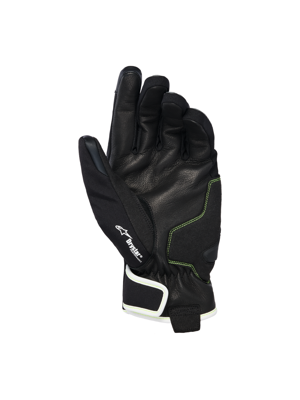 Alpinestars Moblast Wasserdichte Handschuhe, Handflächenansicht mit schwarzem Ziegenleder und schwefelgelben Nähten, Drystar® Logo-Detail, kurzstulpige Motorradhandschuhe für urbanes Pendeln bei jedem Wetter