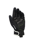 Alpinestars Moblast Wasserdichte Handschuhe, Handflächenansicht mit schwarzem Ziegenleder und schwefelgelben Nähten, Drystar® Logo-Detail, kurzstulpige Motorradhandschuhe für urbanes Pendeln bei jedem Wetter