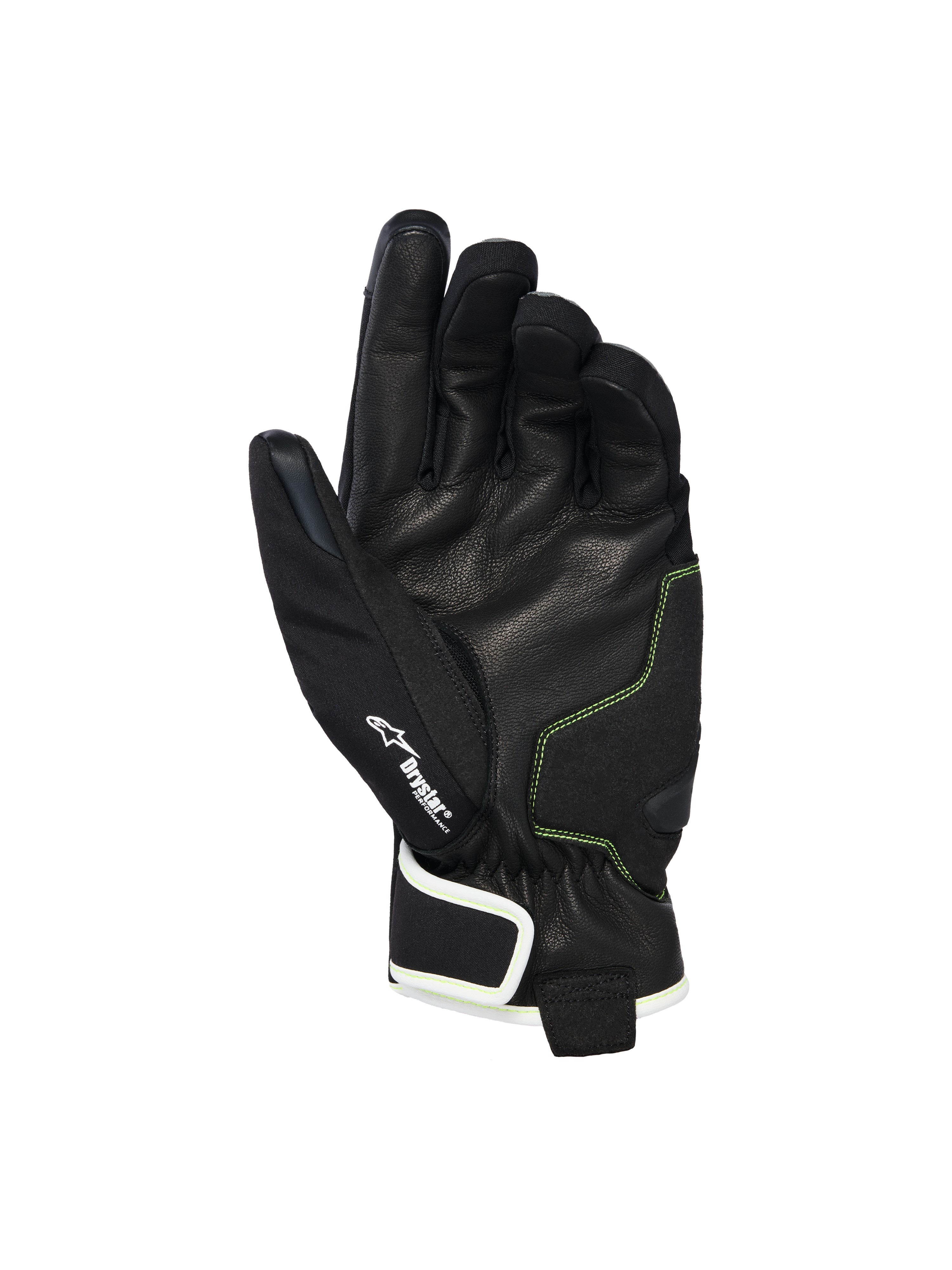 Alpinestars Moblast Wasserdichte Handschuhe, Handflächenansicht mit schwarzem Ziegenleder und schwefelgelben Nähten, Drystar® Logo-Detail, kurzstulpige Motorradhandschuhe für urbanes Pendeln bei jedem Wetter