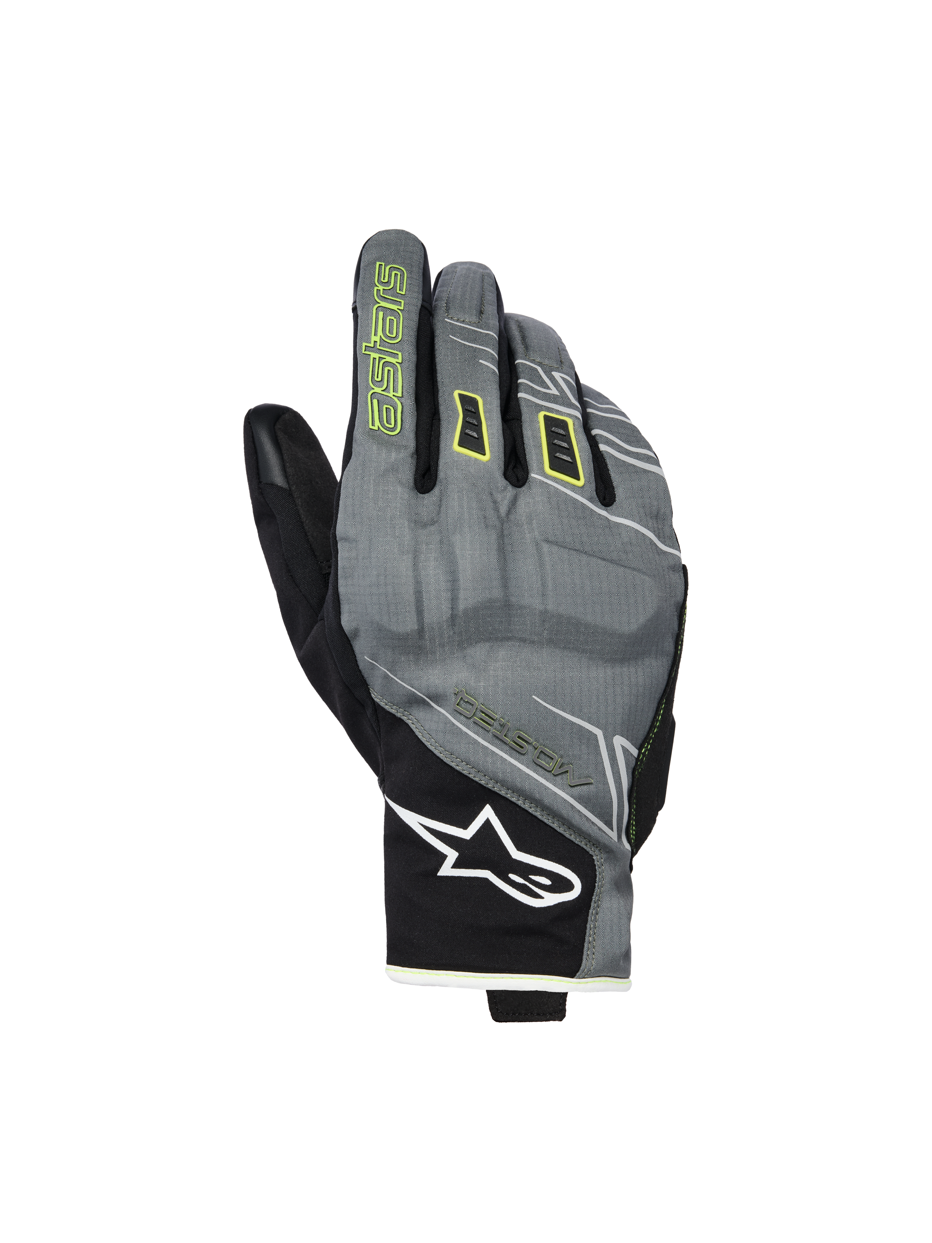 Alpinestars Moblast wasserdichte Handschuhe, Motorradhandschuhe, Fur Gray und Schwarz mit Sulphur Yellow Akzenten, urbanes Kurzstulpen-Design, weißes Astar-Logo am Handgelenk, neongelbes Branding auf dem Zeigefinger, wasserdichte Drystar-Performance für die Übergangszeit