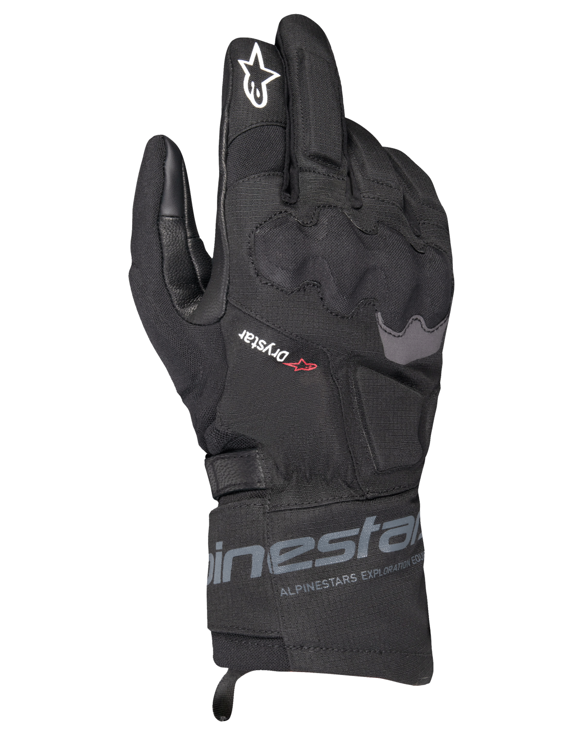 Alpinestars WT-3 Drystar isolierte Handschuhe, schwarze Motorrad-Tourenhandschuhe, wasserdichte und isolierte Konstruktion mit geformtem Knöchelschutz, weißes Stern-Logo auf dem Zeigefinger und mittellange Stulpe mit Alpinestars-Branding.