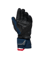 Alpinestars WT-8 GORE-TEX Insulated Gloves, Black and Dark Blue, palm view showing leather reinforcements and padded slider, long-cuff design with double wrist closure and red pull loop, featuring coordinates detailing and exploration equipment branding.