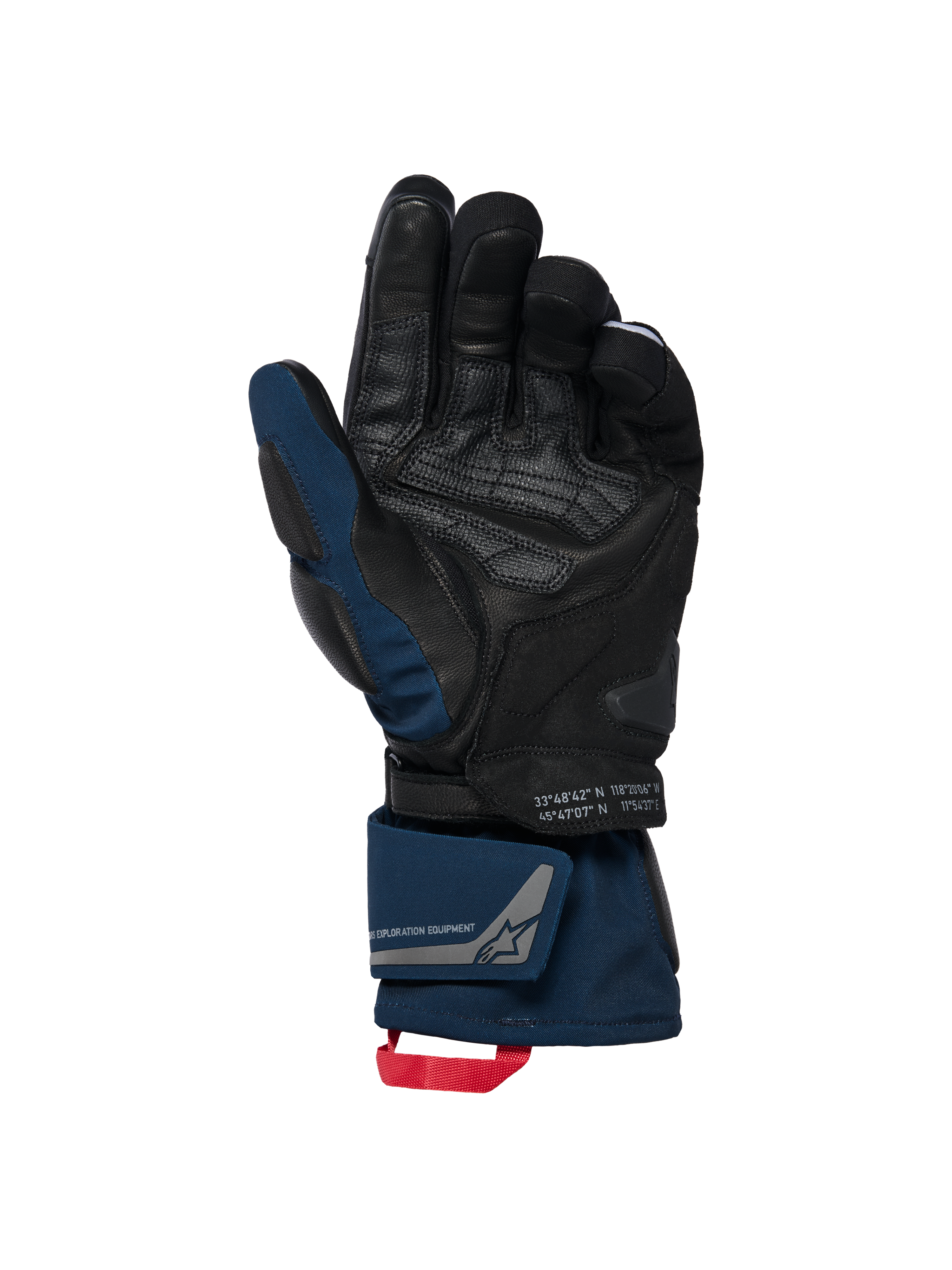 Alpinestars WT-8 GORE-TEX Insulated Gloves, Black and Dark Blue, palm view showing leather reinforcements and padded slider, long-cuff design with double wrist closure and red pull loop, featuring coordinates detailing and exploration equipment branding.