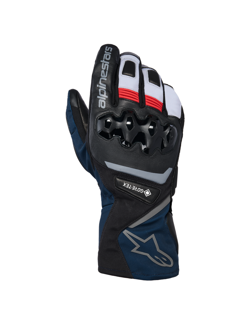 Alpinestars WT-8 GORE-TEX Insulated Gloves, motorcycle winter gloves, Black and Dark Blue with red and white accents, featuring hard TPU knuckle protection, GORE-TEX branding, and long-cuff design.