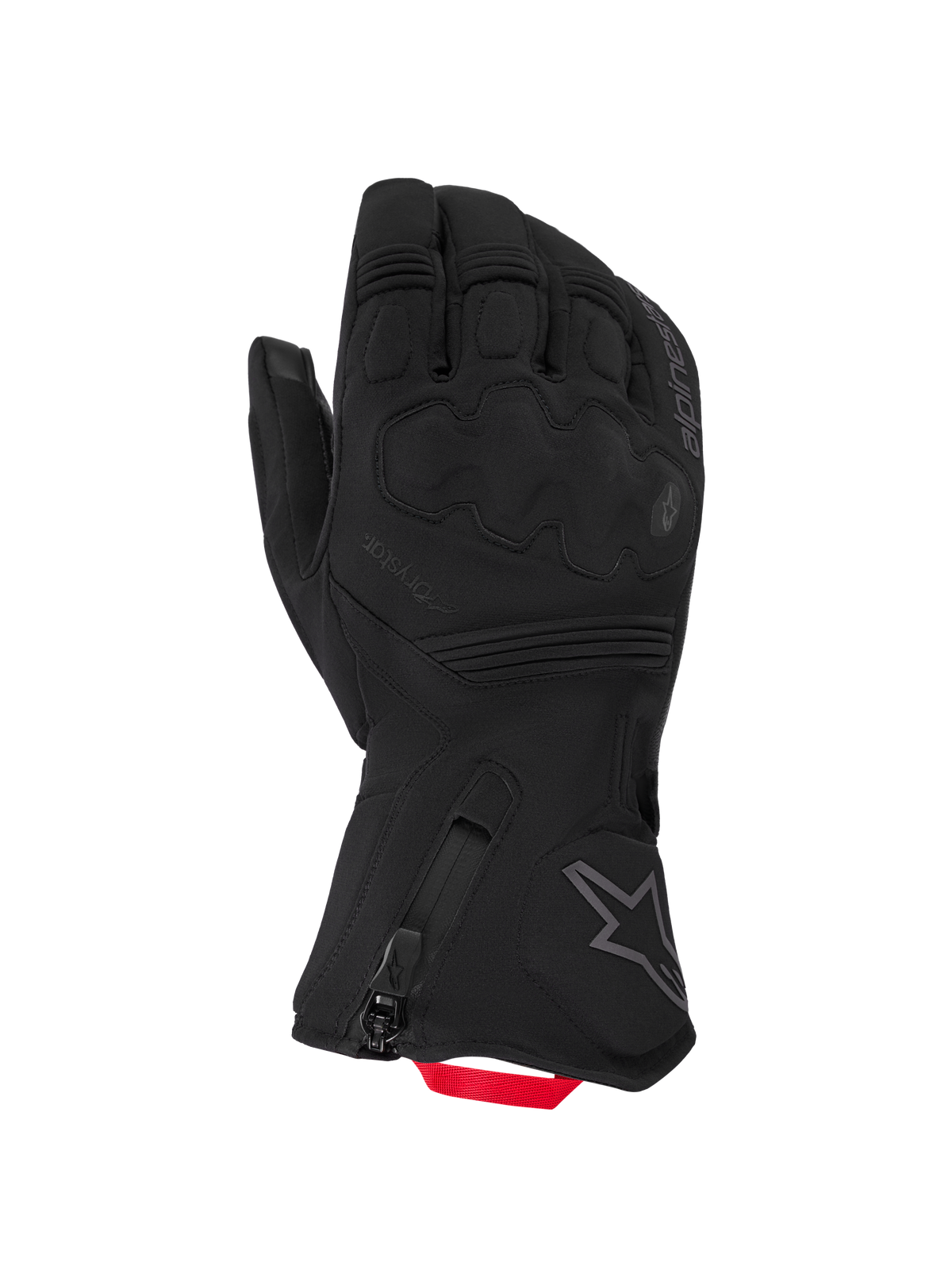 Alpinestars Wt-5 Drystar Insulated Gloves, men's all-terrain adventure motorcycle winter gloves in black with red puller detail, featuring waterproof Drystar membrane and knuckle protection