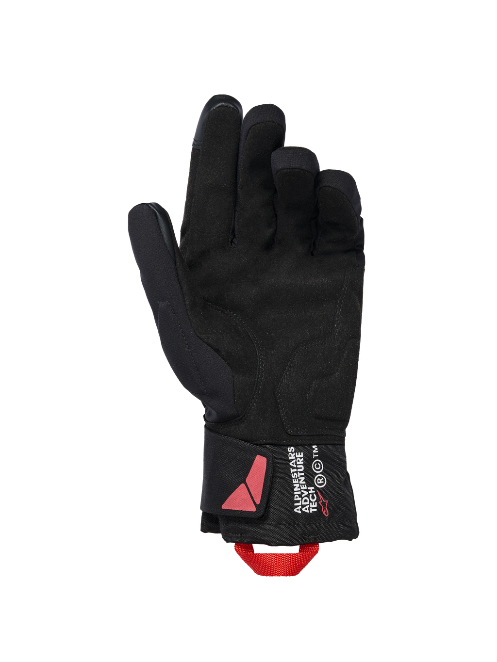 Alpinestars XT-3 Drystar® Insulated Gloves, Black Motorcycle Gloves, palm side view featuring suede material and red pull loop, Alpinestars Adventure Tech branding on the cuff, waterproof winter riding gear