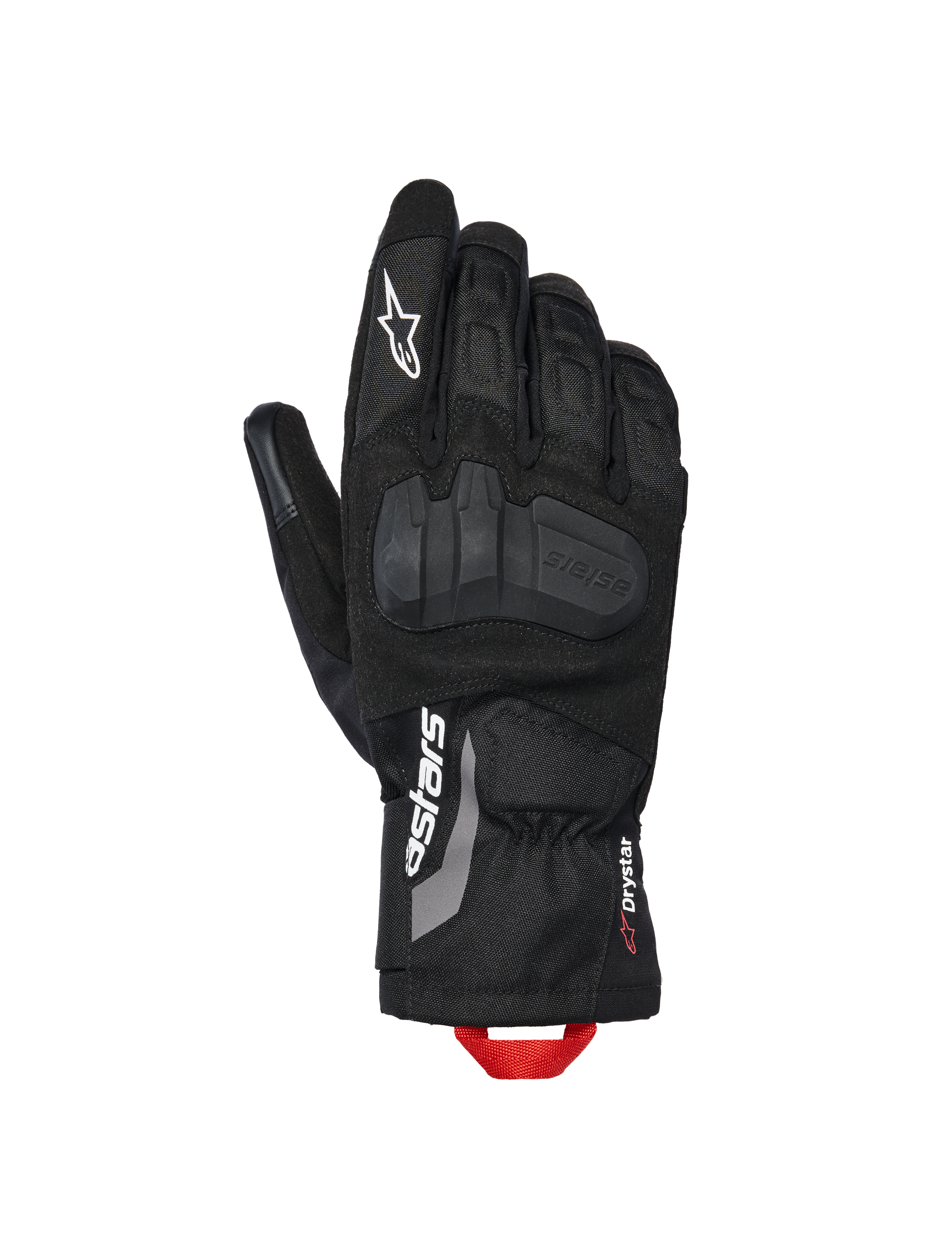 Alpinestars XT-3 Drystar® Insulated Gloves, Motorcycle Adventure Gloves, Black with white branding and red pull loop, featuring integrated knuckle protection, textile and suede construction, mid-length cuff.