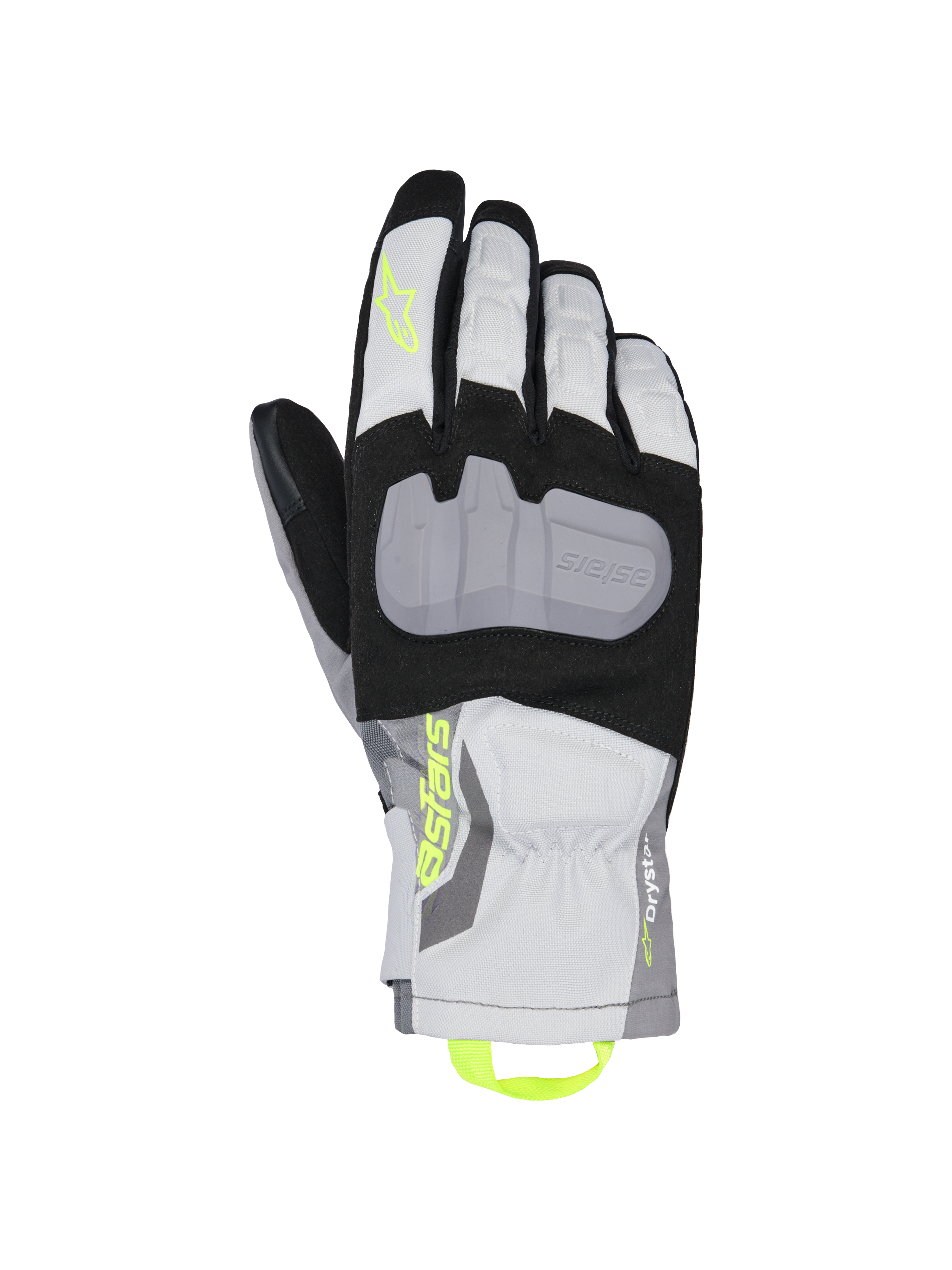 Alpinestars XT-3 Drystar Isolierhandschuhe, Motorrad-Tourenhandschuhe, Schwarz, Grau und Weiß, große graue Knöchelschutzplatte, neongelbes Astars-Branding und Anziehschlaufe, wasserdichte Textilkonstruktion mit mittellanger Manschette