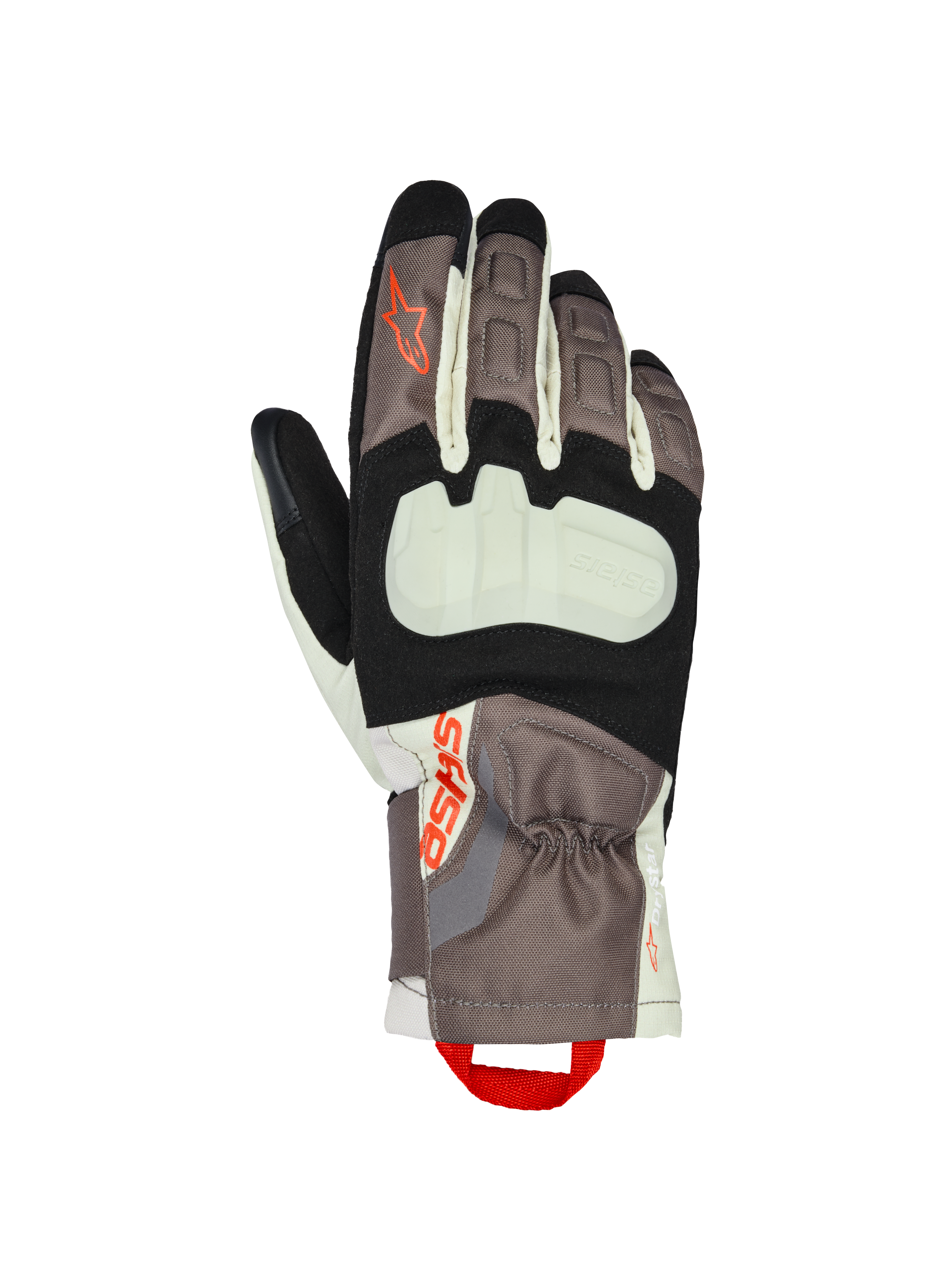 Alpinestars XT-3 Drystar® Isolierhandschuhe, Motorrad-Tourenhandschuhe, Dunkelbraun, Sandfarben und Schwarz mit orangefarbenen Akzenten, mit freiliegendem Knöchelschutz, mittellangem Bündchen, strapazierfähiger Textilkonstruktion und Alpinestars-Branding mit einer roten Anziehhilfe.