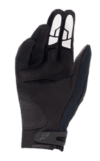 Alpinestars Thermo Shielder Handschuhe, schwarze Motocross-Handschuhe, Handflächenansicht mit synthetischem Wildleder, perforierten Verstärkungen, weißen Silikon-Grip-Mustern an den Fingern und sicherem Handgelenkverschluss mit Logo.