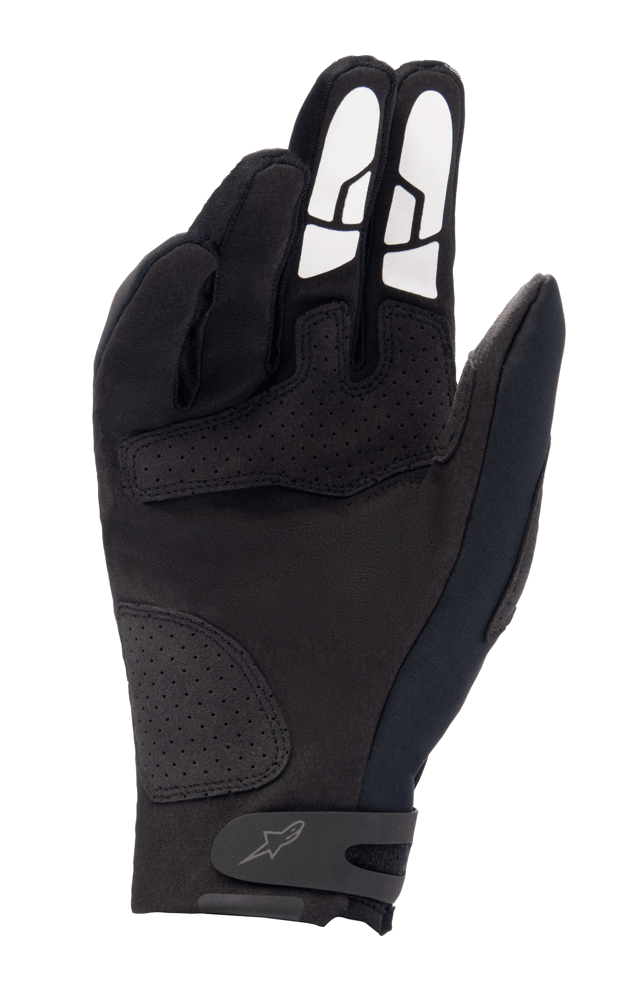 Alpinestars Thermo Shielder Handschuhe, schwarze Motocross-Handschuhe, Handflächenansicht mit synthetischem Wildleder, perforierten Verstärkungen, weißen Silikon-Grip-Mustern an den Fingern und sicherem Handgelenkverschluss mit Logo.