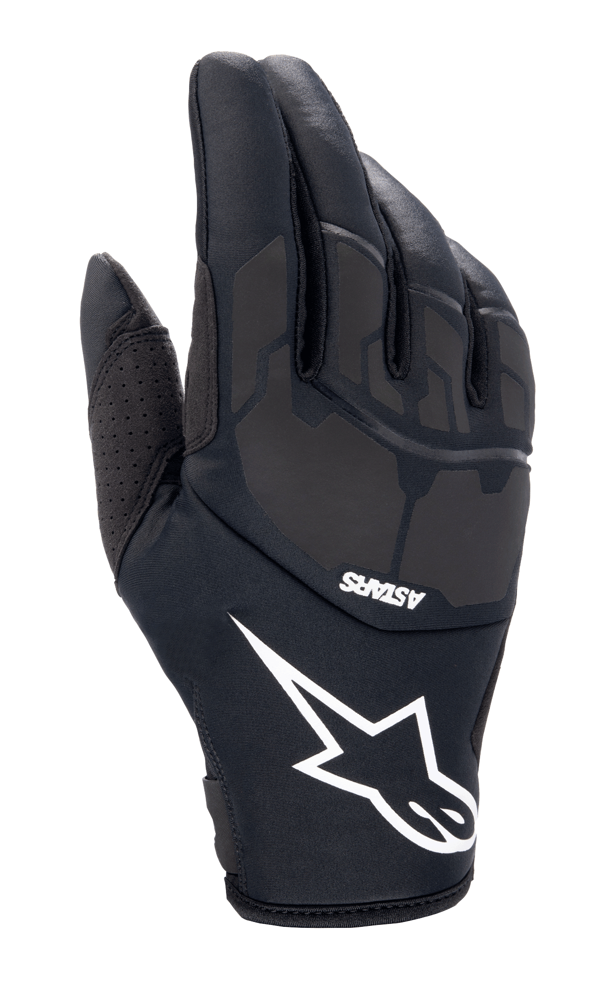 Alpinestars Thermo Shielder Handschuhe, schwarze Motocross-Handschuhe, mit großem weißem Stern-Logo und ASTARS-Branding, gepolsterte Oberhand mit laserlaminierten Details, Neoprenkonstruktion für kaltes Wetter, perforierte Belüftung am Daumen