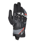 Alpinestars Corozal V3 Drystar® Gloves, Adventure Motorcycle Gloves, Black with Deep Gray and Red Fluo accents, top-down view featuring leather-covered SP knuckle protection, textile and leather chassis, and short cuff design, waterproof adventure riding gear