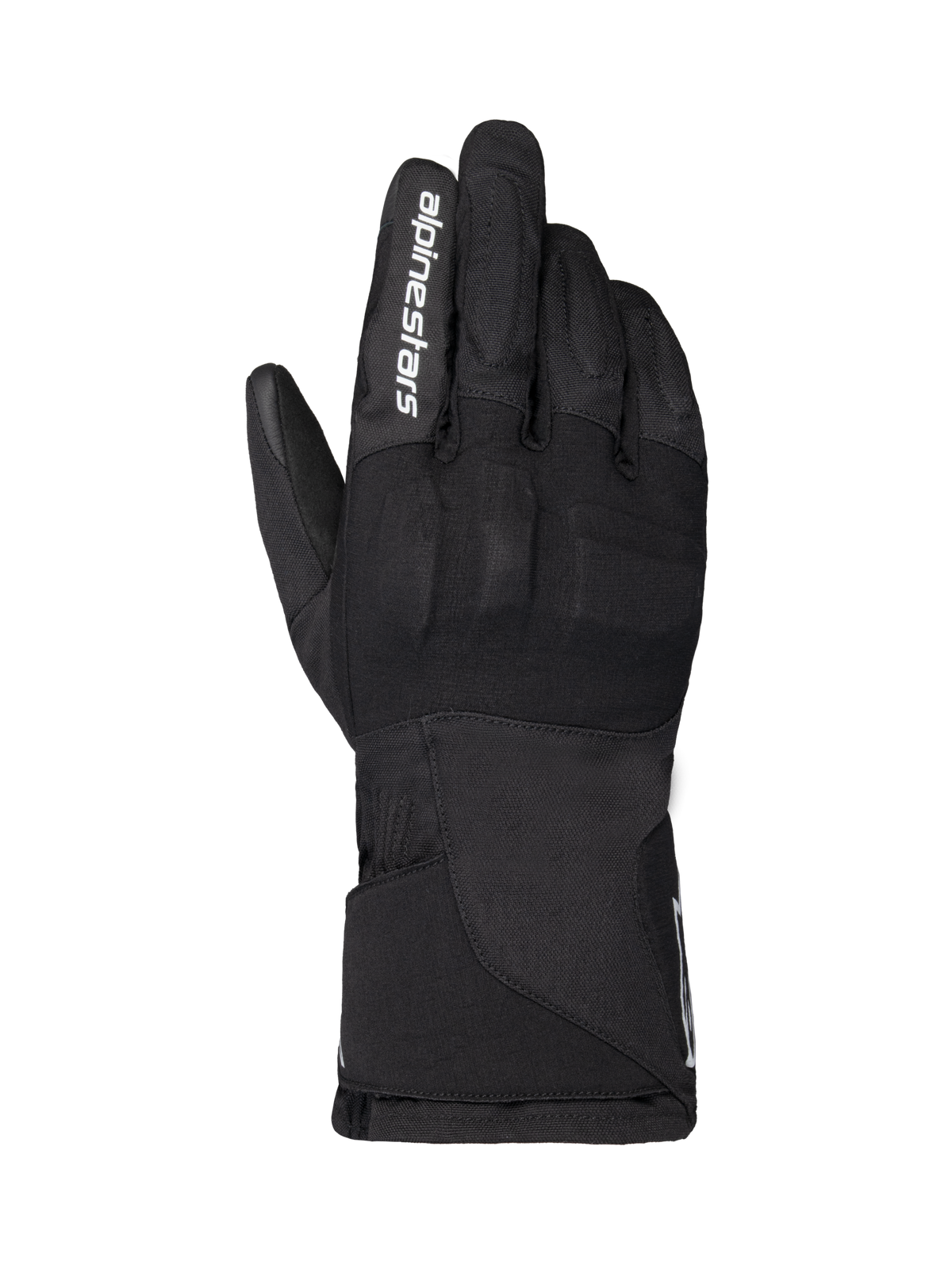Alpinestars WT-1 Drystar Insulated Gloves, Motorcycle Gloves, Black, textile construction with integrated knuckle protection, white Alpinestars branding on the index finger, long gauntlet cuff, waterproof and thermal riding gear for road and adventure use