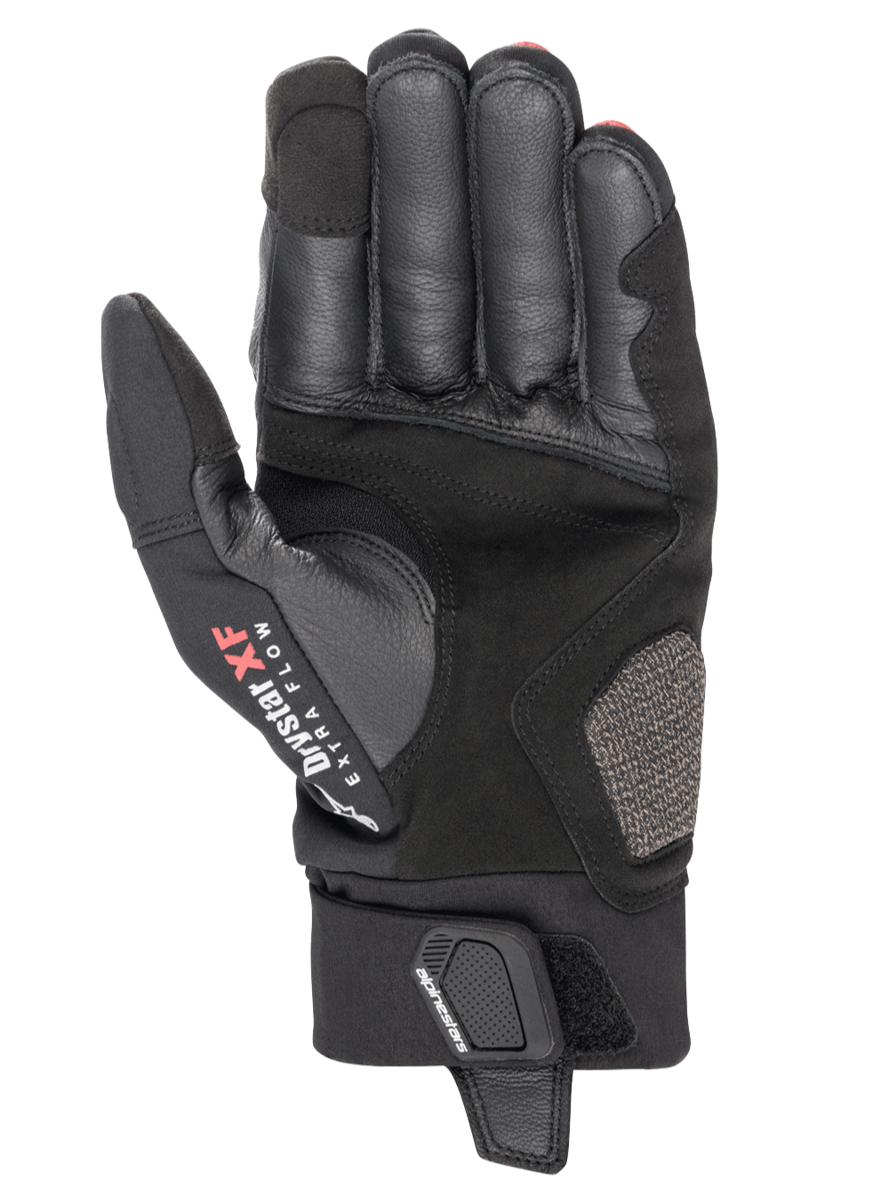 Alpinestars Hyde XT Drystar® XF Handschuhe, Motorradhandschuhe, Schwarz und Hellrot, Handflächenansicht mit verstärkter Konstruktion aus synthetischem Wildleder, Drystar XF Extra Flow-Branding am Daumen und verstellbare Verschlusslasche am Handgelenk.