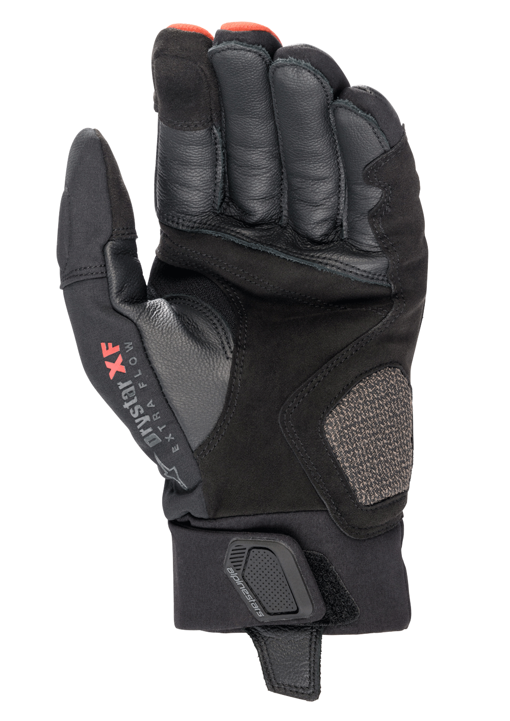 Alpinestars Hyde XT Drystar® XF Handschuhe, Motorradhandschuhe, Schwarz und Feuerrot, Handflächenansicht mit verstärkter synthetischer Wildlederkonstruktion, Drystar XF-Branding im Daumenbereich und verstellbarem Handgelenkriemen