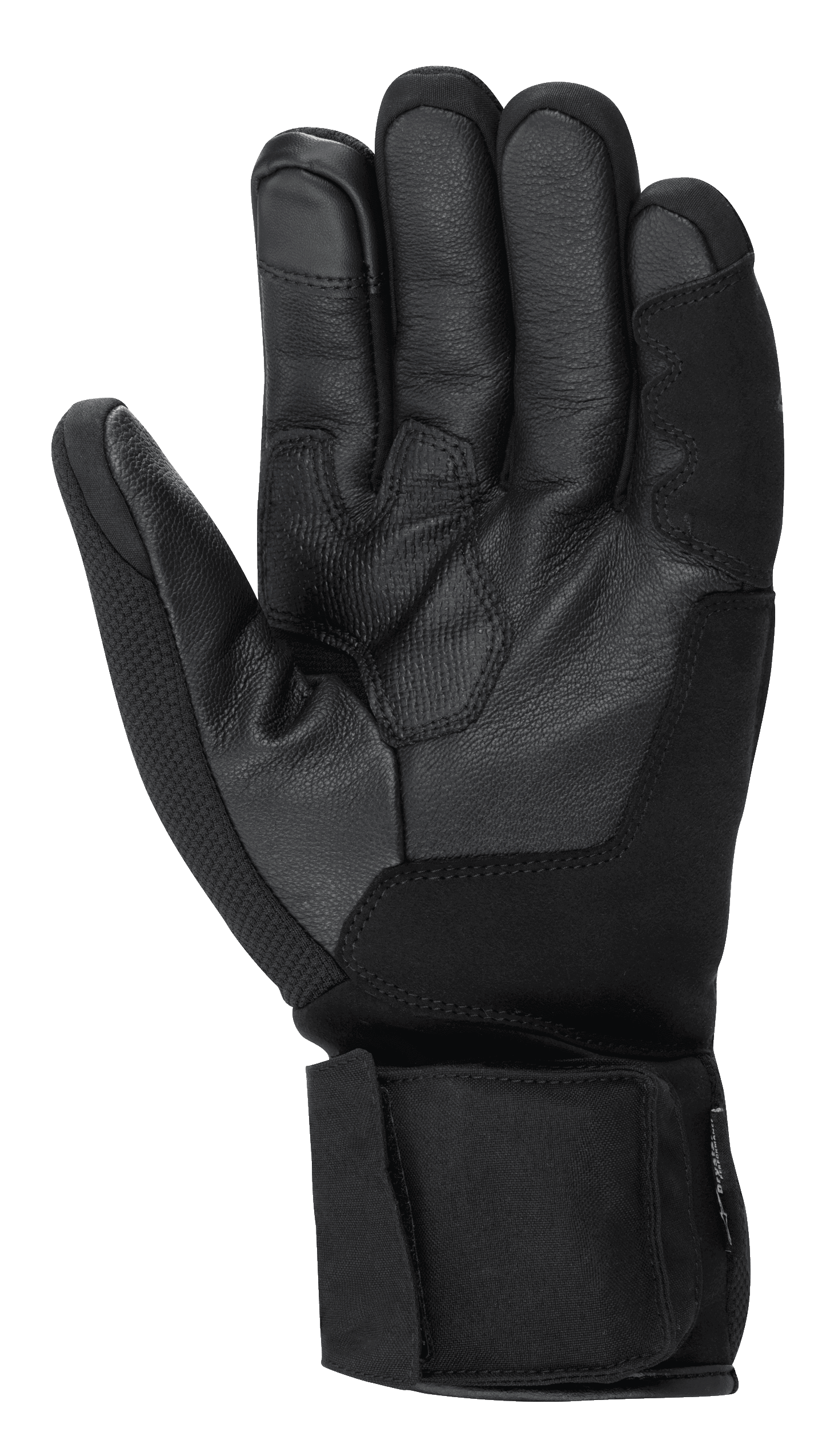 Alpinestars HT-3 Heat Tech Drystar® Handschuhe, schwarze Motorradhandschuhe, Handflächenansicht mit Ziegenlederkonstruktion, strukturierter Grip auf Handfläche und Daumen, verstellbarer Klettverschluss, Touchscreen-kompatibler Zeigefinger, Winter-Tourenausrüstung