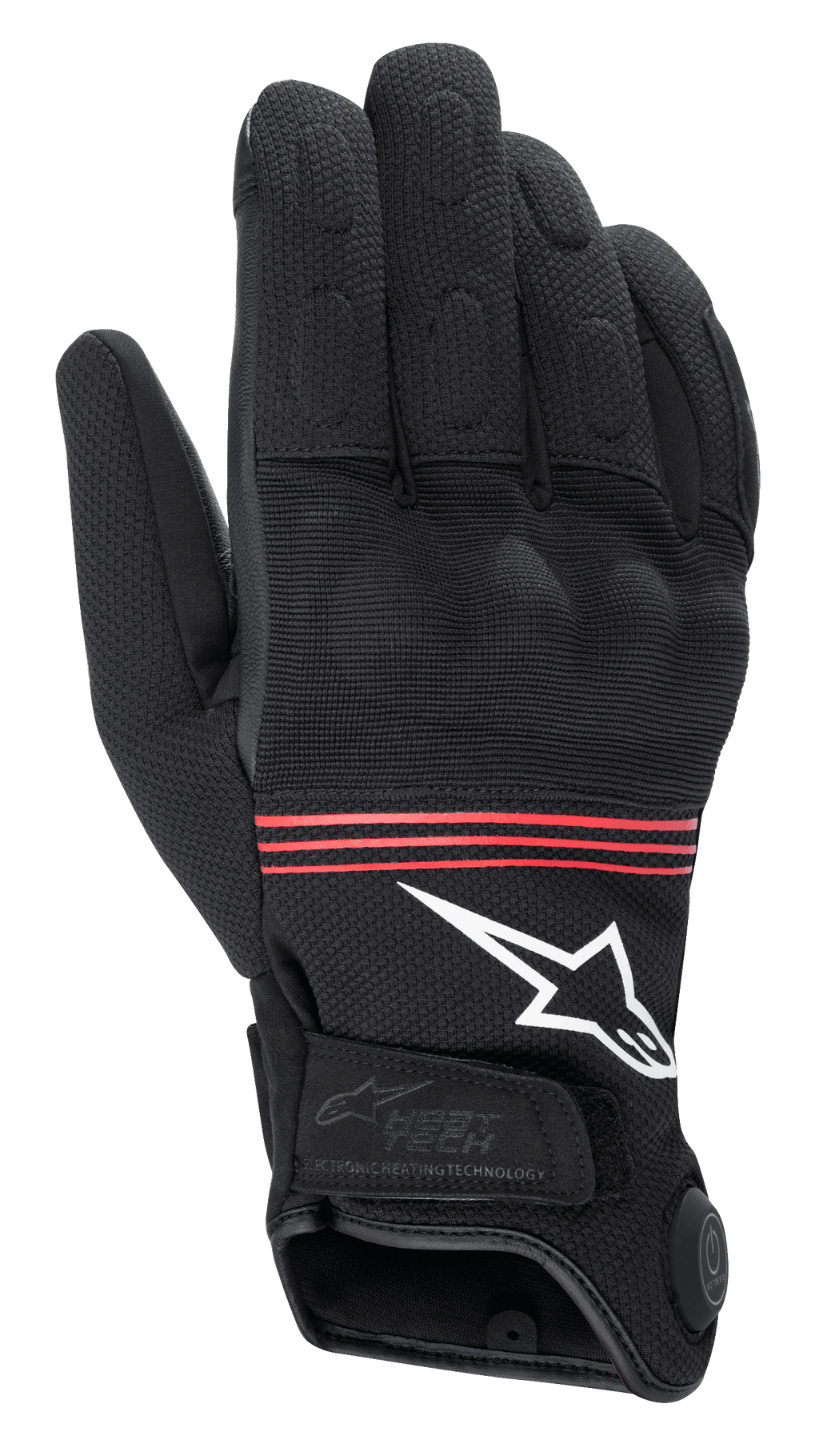 Alpinestars HT-3 Heat Tech Drystar® Handschuhe, beheizbare Motorradhandschuhe, Schwarz mit roten Streifen und weißem Logo, elektronischer Heiztechnik-Bedienknopf an der Manschette, verstärkte Knöchel und strapazierfähige Textilkonstruktion