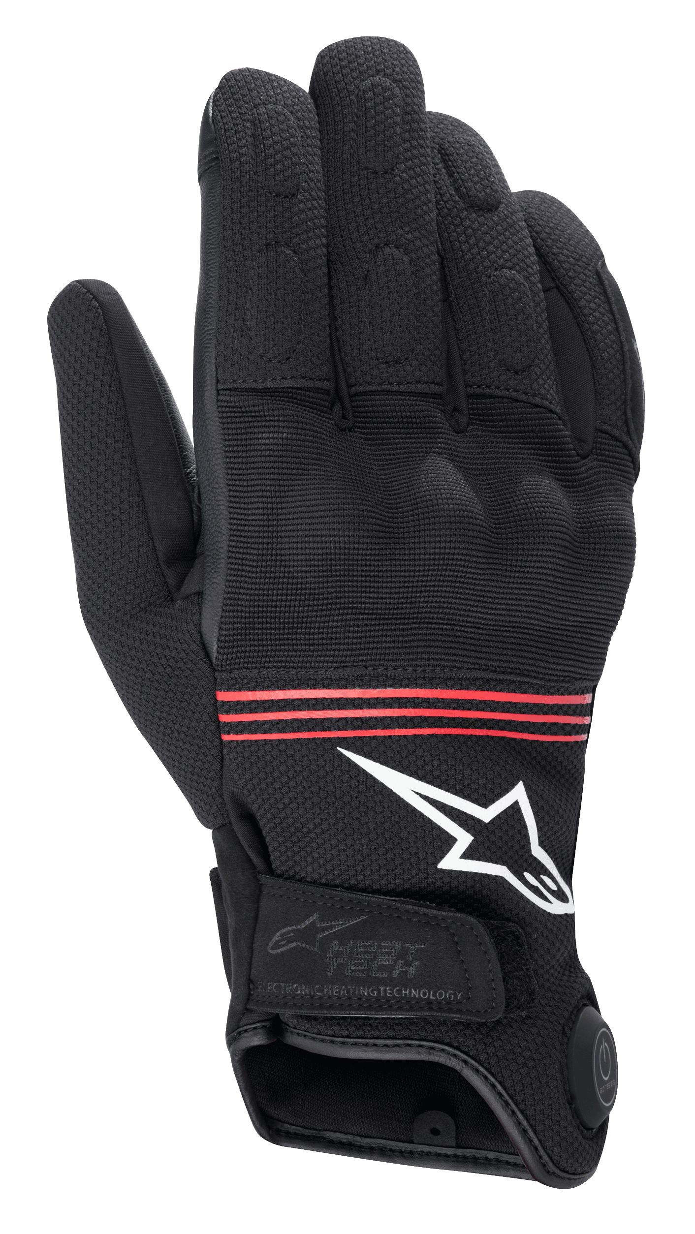 Alpinestars HT-3 Heat Tech Drystar® Handschuhe, beheizbare Motorradhandschuhe, Schwarz mit roten Streifen und weißem Logo, elektronischer Heiztechnik-Bedienknopf an der Manschette, verstärkte Knöchel und strapazierfähige Textilkonstruktion