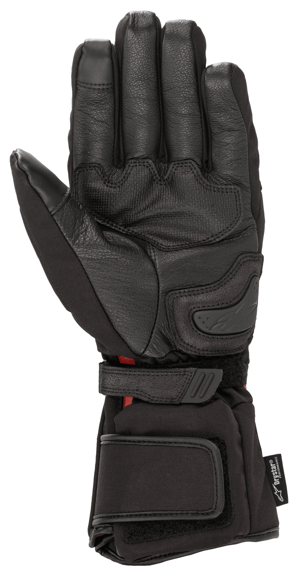 Alpinestars HT-5 Heat Tech Drystar® Handschuhe, Schwarz, Ansicht der Handfläche, mit Ziegenleder-Konstruktion, Handflächengleiter und verstellbaren Handgelenk- und Manschettenriemen, wasserdichte und beheizte Winter-Motorradtourenausrüstung