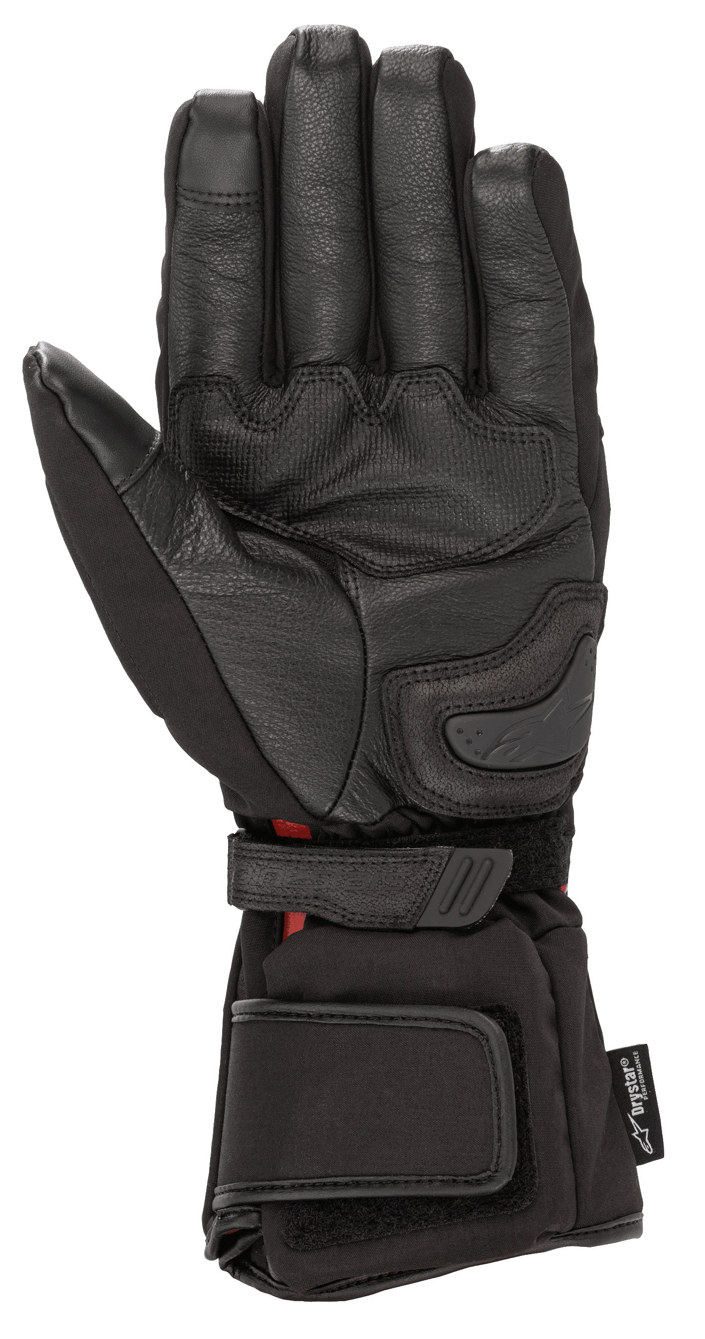 Alpinestars HT-5 Heat Tech Drystar® Handschuhe, Schwarz, Ansicht der Handfläche, mit Ziegenleder-Konstruktion, Handflächengleiter und verstellbaren Handgelenk- und Manschettenriemen, wasserdichte und beheizte Winter-Motorradtourenausrüstung