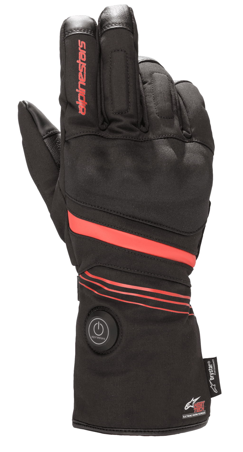 Alpinestars HT-5 Heat Tech Drystar® Handschuhe, Beheizte Motorradhandschuhe, Schwarz mit roten Akzenten, runder Power-Button an der Manschette, rote Streifen über Hand und Handgelenk, Alpinestars-Branding auf dem Finger, konzipiert für wasserdichten Kälteschutz