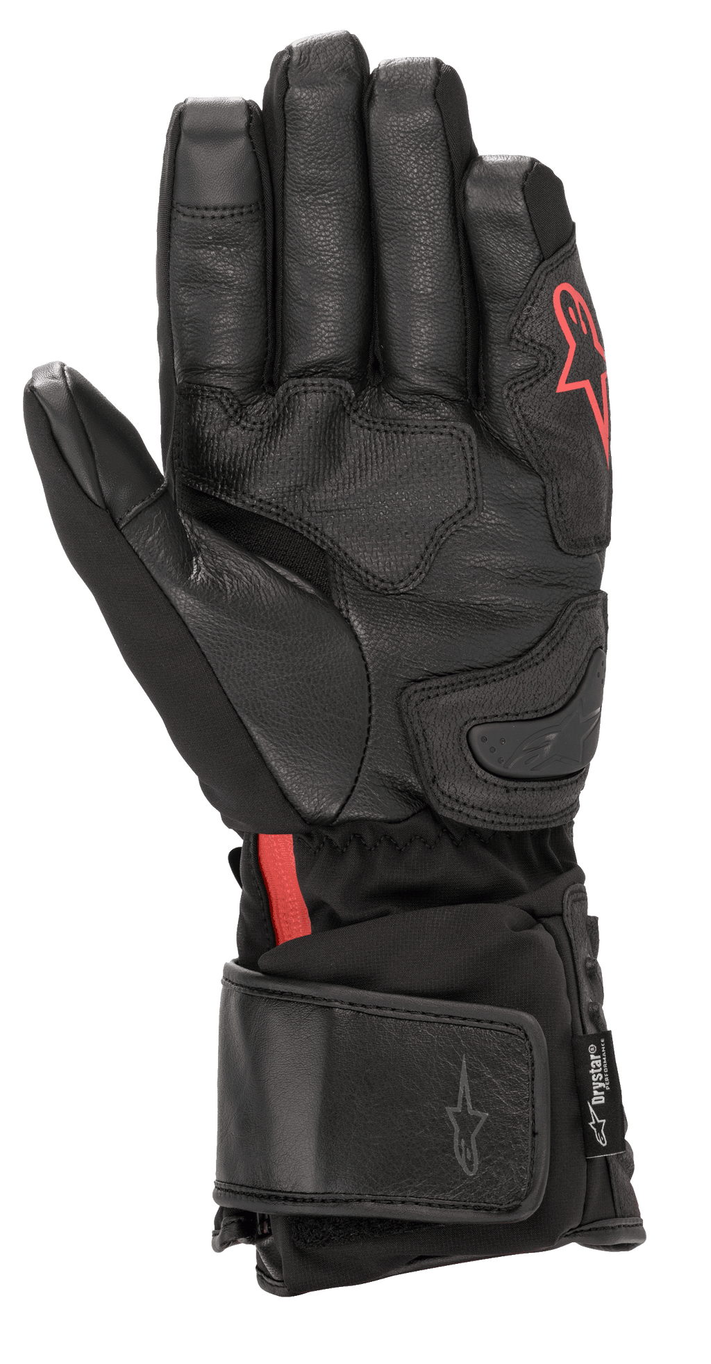 Alpinestars HT-7 Heat Tech Drystar® Handschuhe, schwarze beheizbare Motorradhandschuhe, mit Lederhandfläche und Softshell-Konstruktion mit rotem Alpinestars-Logo, wasserdichter Drystar®-Technologie und verstellbarer Manschette für Straßenfahrten bei kaltem Wetter
