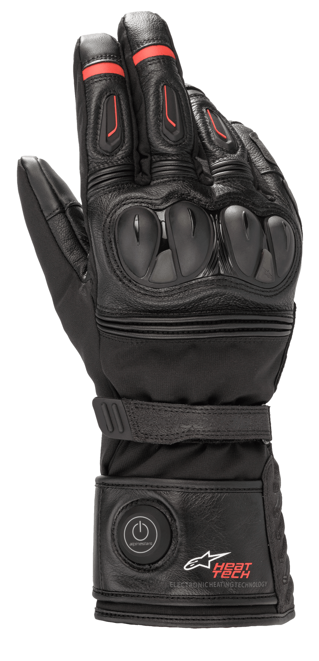 Alpinestars HT-7 Heat Tech Drystar Handschuhe, Beheizte Motorradhandschuhe, Schwarz mit roten Akzenten, elektronisches Heat Tech System mit Einschaltknopf an der Manschette, TPU-Knöchelschutz, wasserdichte Drystar-Technologie, Leder- und Textilkonstruktion