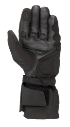 Alpinestars WR-X GORE-TEX Handschuhe, Schwarze Motorrad-Winterhandschuhe, Ansicht der Handfläche zeigt Konstruktion aus Leder und Kunstwildleder, lange Stulpe mit verstellbarem Riemen und leitfähiger, Touchscreen-kompatibler Fingerspitze.