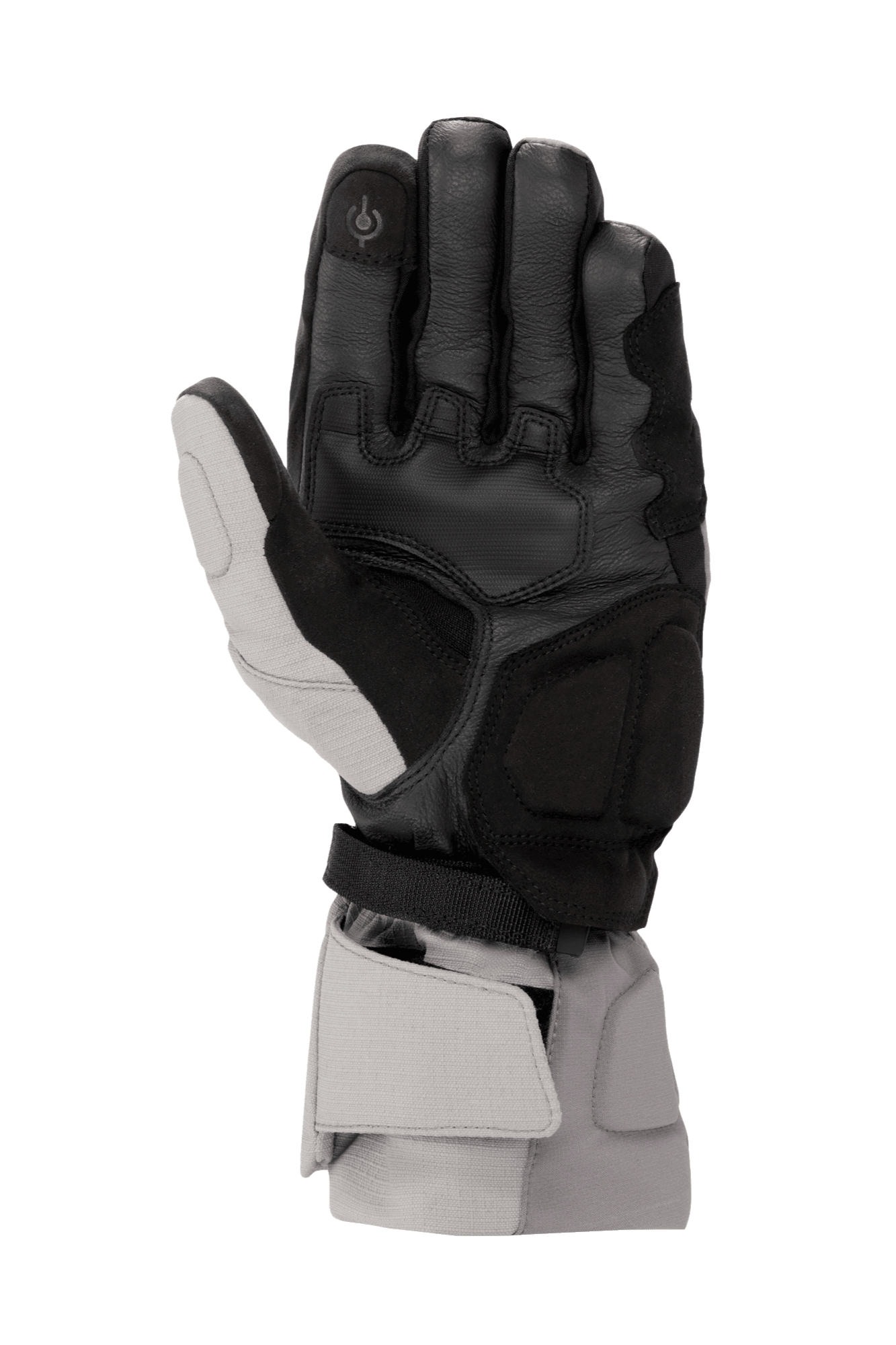 Alpinestars WR-X GORE-TEX Handschuhe, Winter-Motorradhandschuhe, Dunkelgrau, Ice Gray und Schwarz, Handflächenansicht mit Lederkonstruktion, Verstärkungen aus synthetischem Wildleder, Touchscreen-kompatibler Zeigefinger und lange Stulpe für Wetterschutz