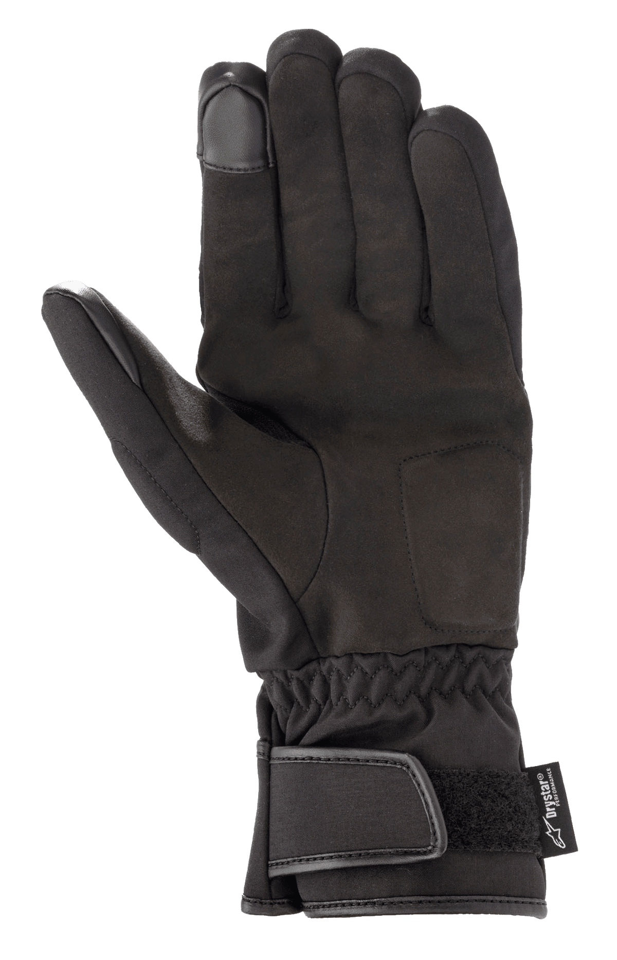 Alpinestars SR-3 V2 Drystar® Gloves, Waterproof Motorcycle Gloves, Black, palm view featuring synthetic leather, gauntlet cuff with velcro closure, and touchscreen compatible fingertips