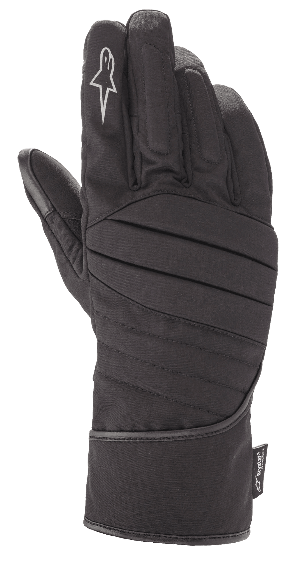 Alpinestars SR-3 V2 Drystar® Gloves, Black Waterproof Motorcycle Touring Gloves, gauntlet style featuring a padded ribbed backhand, white star logo on the index finger, and a Drystar® performance tag