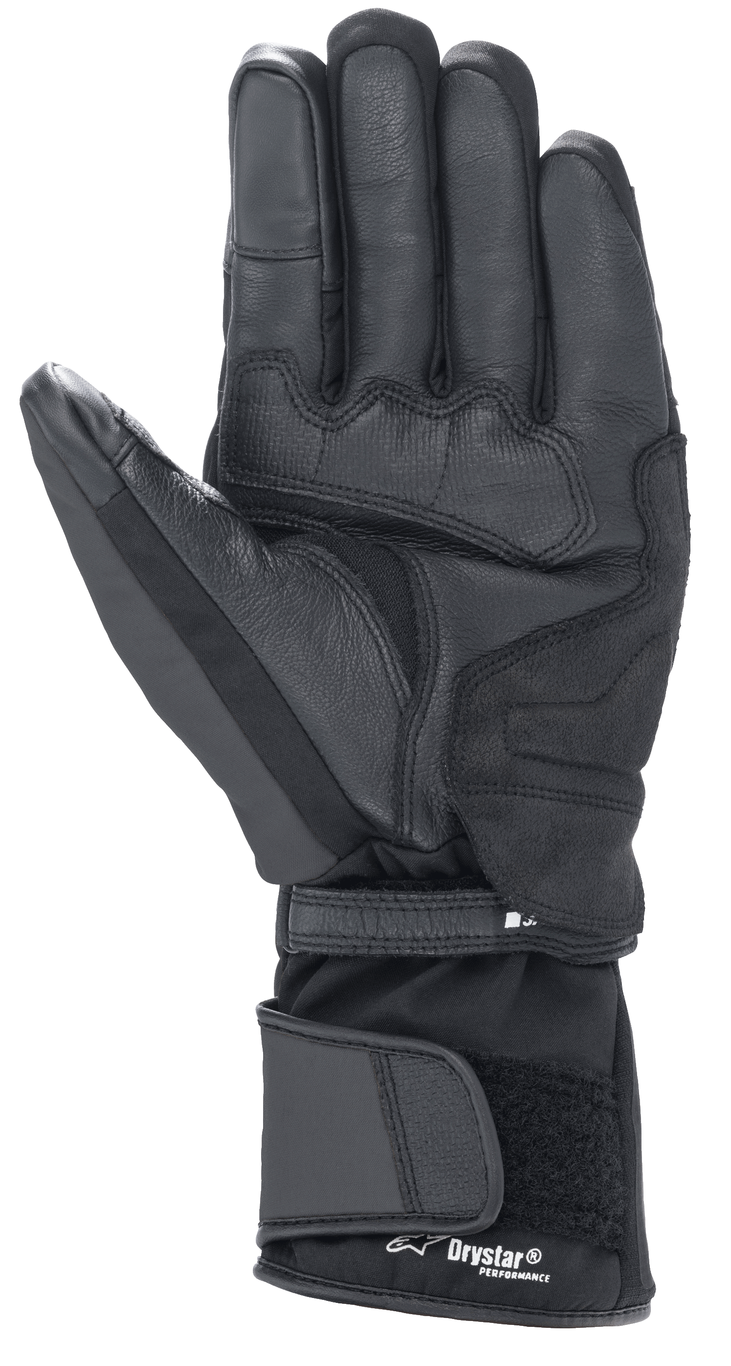 Alpinestars Denali Aerogel Drystar® Handschuhe, Schwarz, Handflächenansicht mit verstärkten Materialeinsätzen, strukturiertem Grip an den Fingern und verstellbarer langer Stulpe mit Drystar® Performance-Branding, Winter-Motorradausrüstung für Adventure-Touring