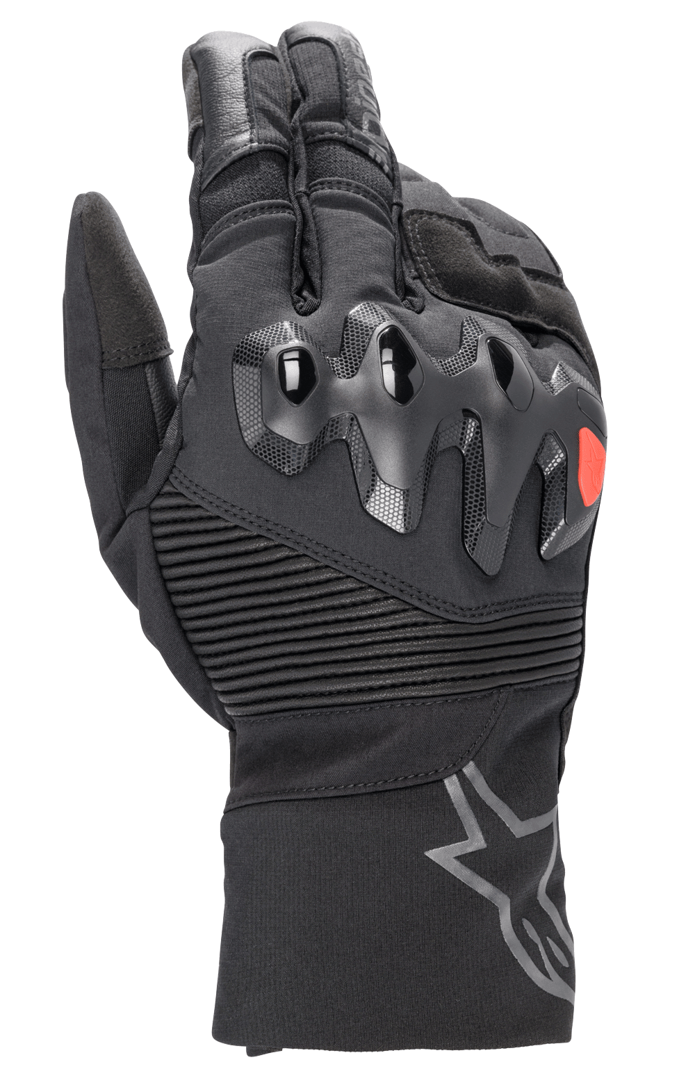 Alpinestars Bogota Drystar XF Handschuhe, lange Motorrad-Tourenhandschuhe, Schwarz mit rotem Logo-Akzent, überspritzter Knöchelschutz, gerippte Stretch-Einsätze am Handgelenk, lange Stulpe mit grauem Stern-Logo.