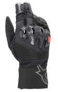 Alpinestars Bogota Drystar XF Handschuhe, lange Motorrad-Tourenhandschuhe, Schwarz mit rotem Logo-Akzent, überspritzter Knöchelschutz, gerippte Stretch-Einsätze am Handgelenk, lange Stulpe mit grauem Stern-Logo.