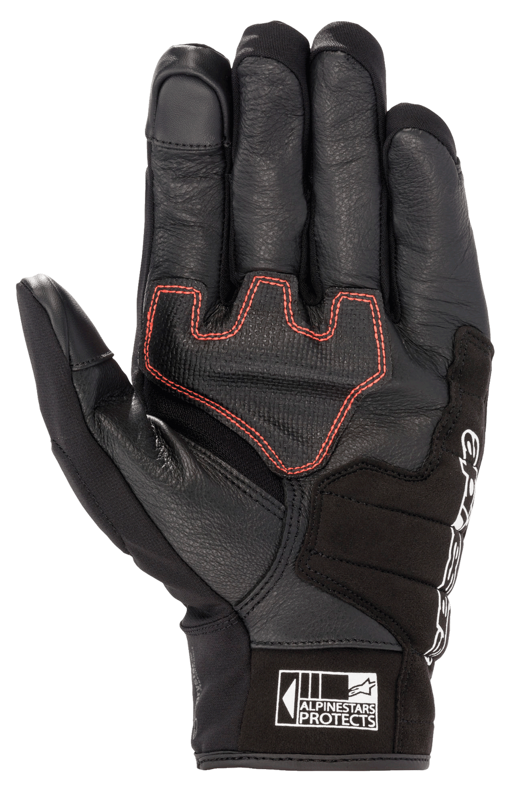 Alpinestars Honda SMX Z Drystar® Handschuh, Kurzschaft-Motorradhandschuh, Schwarz mit leuchtend roten geometrischen Nähten auf der Handfläche, Ziegenlederkonstruktion mit Wildlederverstärkungen, touchscreen-kompatible Fingerspitzen und Alpinestars Protects-Logo an der Manschette