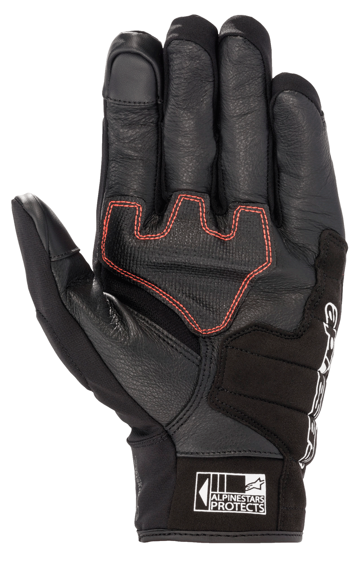 Alpinestars Honda SMX Z Drystar® Handschuh, Kurzschaft-Motorradhandschuh, Schwarz mit leuchtend roten geometrischen Nähten auf der Handfläche, Ziegenlederkonstruktion mit Wildlederverstärkungen, touchscreen-kompatible Fingerspitzen und Alpinestars Protects-Logo an der Manschette