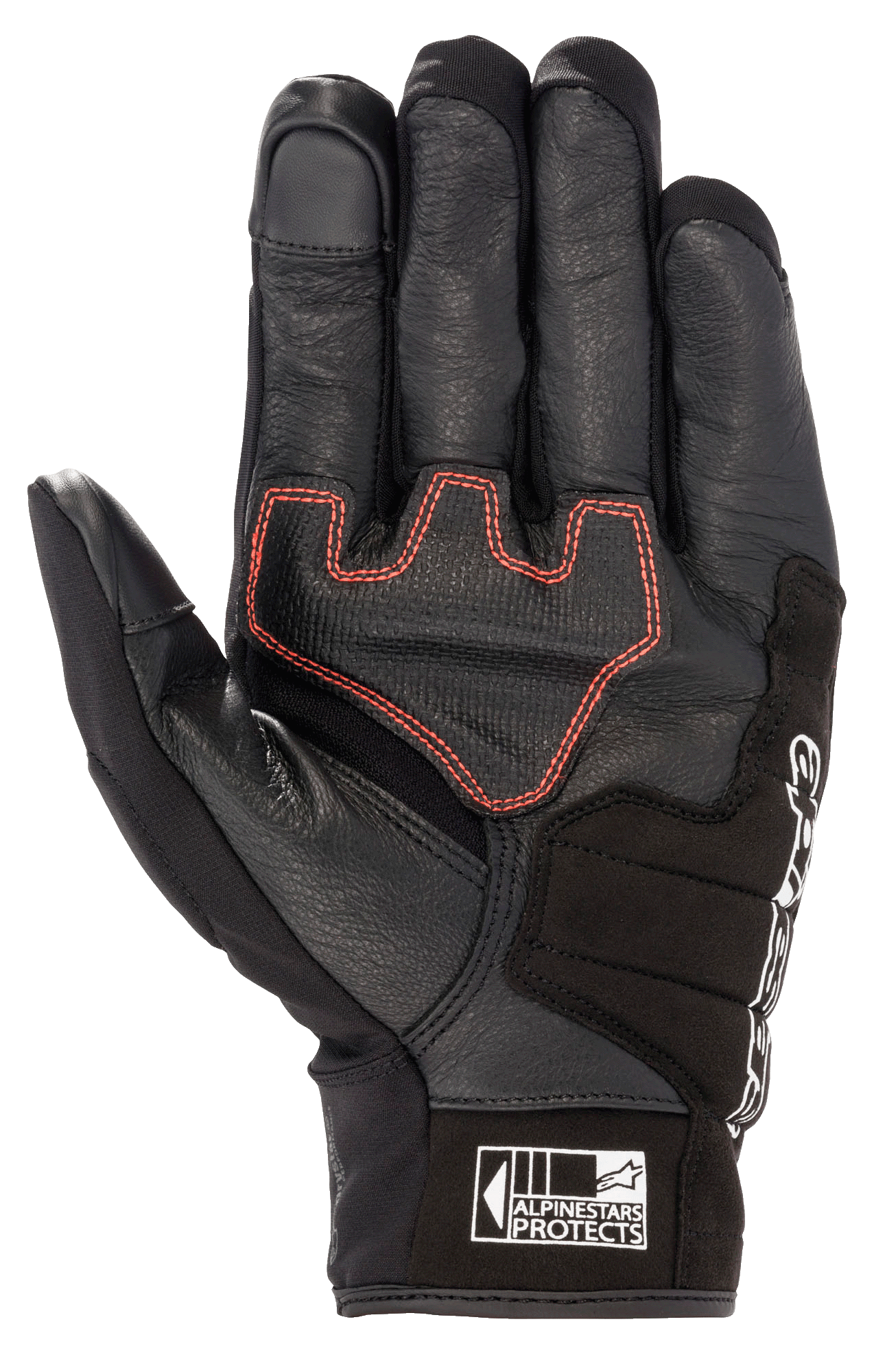 Alpinestars Honda SMX Z Drystar® Handschuh, Kurzschaft-Motorradhandschuh, Schwarz mit leuchtend roten geometrischen Nähten auf der Handfläche, Ziegenlederkonstruktion mit Wildlederverstärkungen, touchscreen-kompatible Fingerspitzen und Alpinestars Protects-Logo an der Manschette