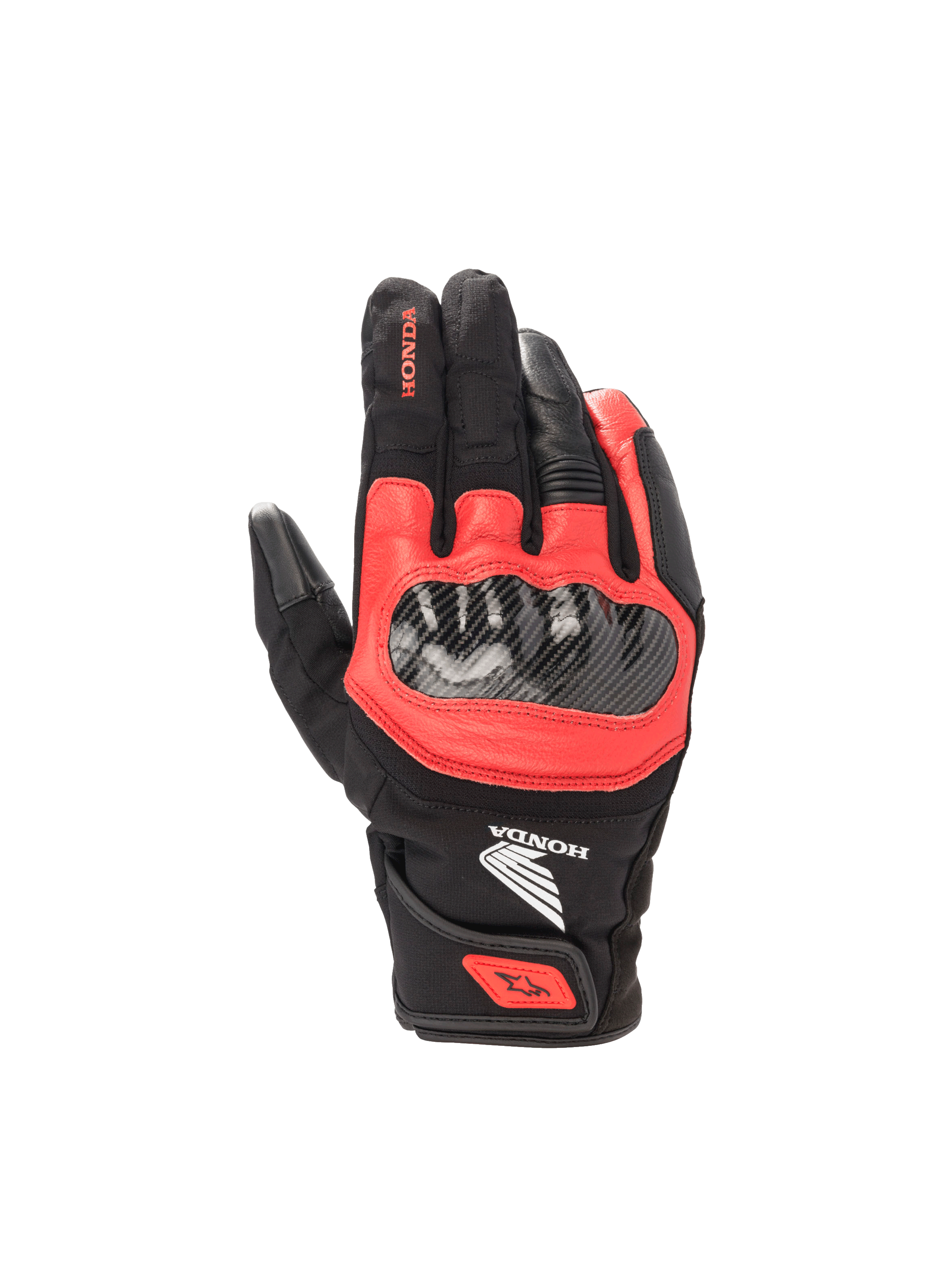 Alpinestars Honda SMX Z Drystar® Glove, waterproof road motorcycle glove, black and bright red leather with hard knuckles.