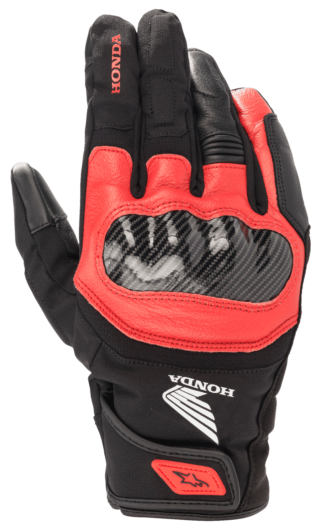 Honda SMX Z Drystar® Handschuh, Motorradhandschuh in Schwarz und Bright Red, Knöchelschutz aus Karbonfaser, Leder- und Textilkonstruktion, Honda-Branding, wasserdichter Schutz, kurze Manschette mit Handgelenksriemen