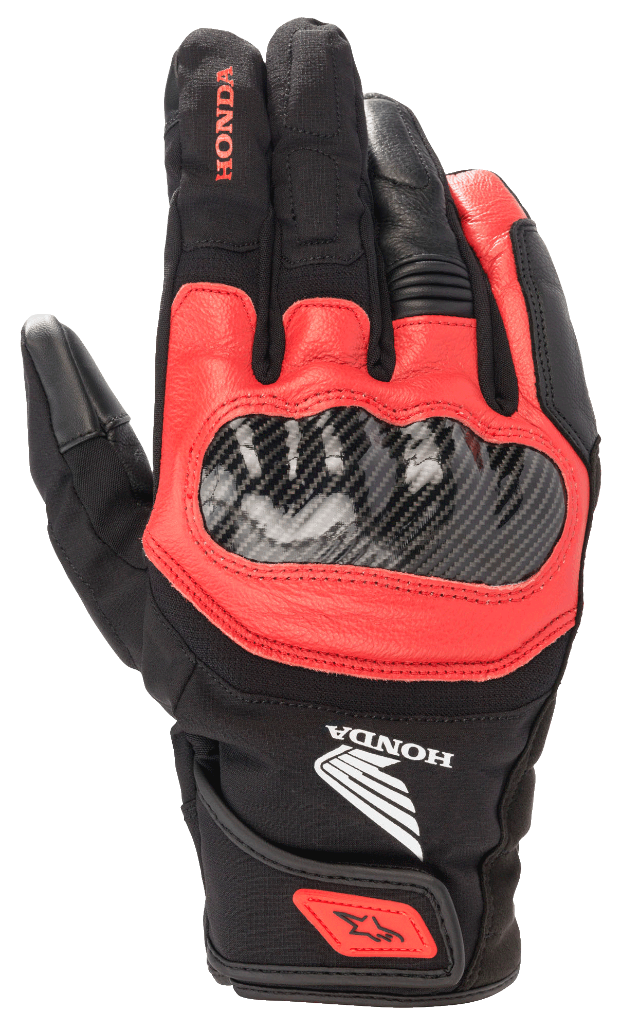 Honda SMX Z Drystar® Handschuh, Motorradhandschuh in Schwarz und Bright Red, Knöchelschutz aus Karbonfaser, Leder- und Textilkonstruktion, Honda-Branding, wasserdichter Schutz, kurze Manschette mit Handgelenksriemen